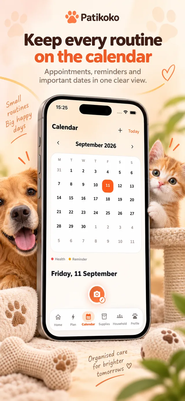 Patikoko screen – Keep every routine on the calendar: appointments, reminders and important dates