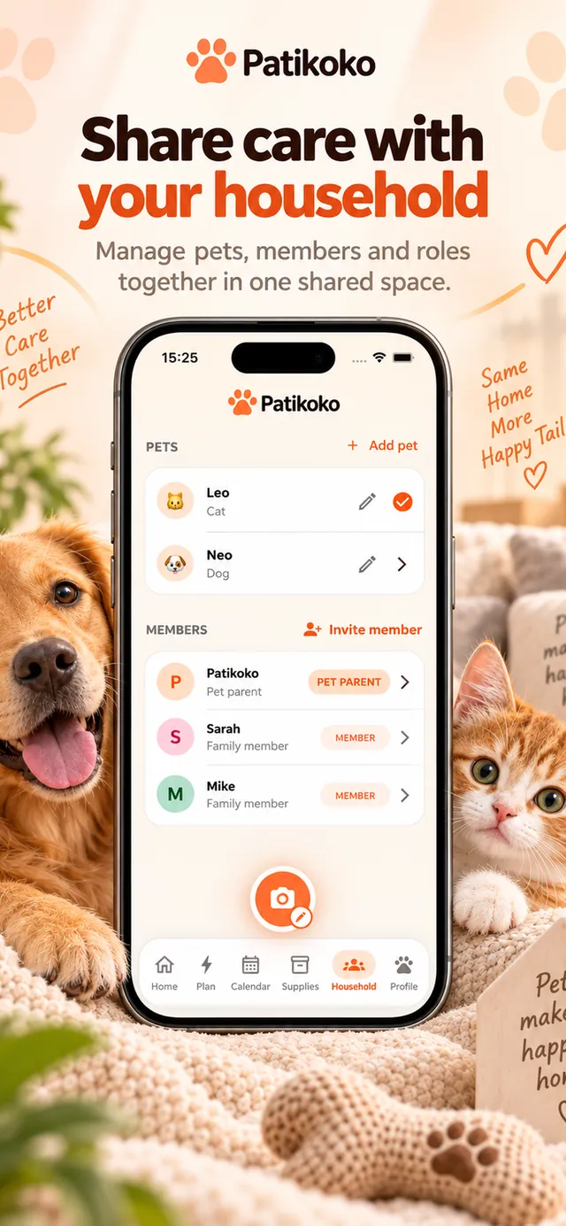 Patikoko screen – Share care with your household: manage pets, members and roles in one shared space