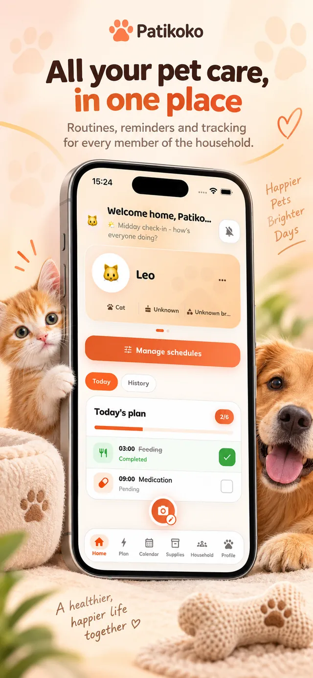 Patikoko screen – All your pet care in one place: today's plan, routines and reminders for the whole household