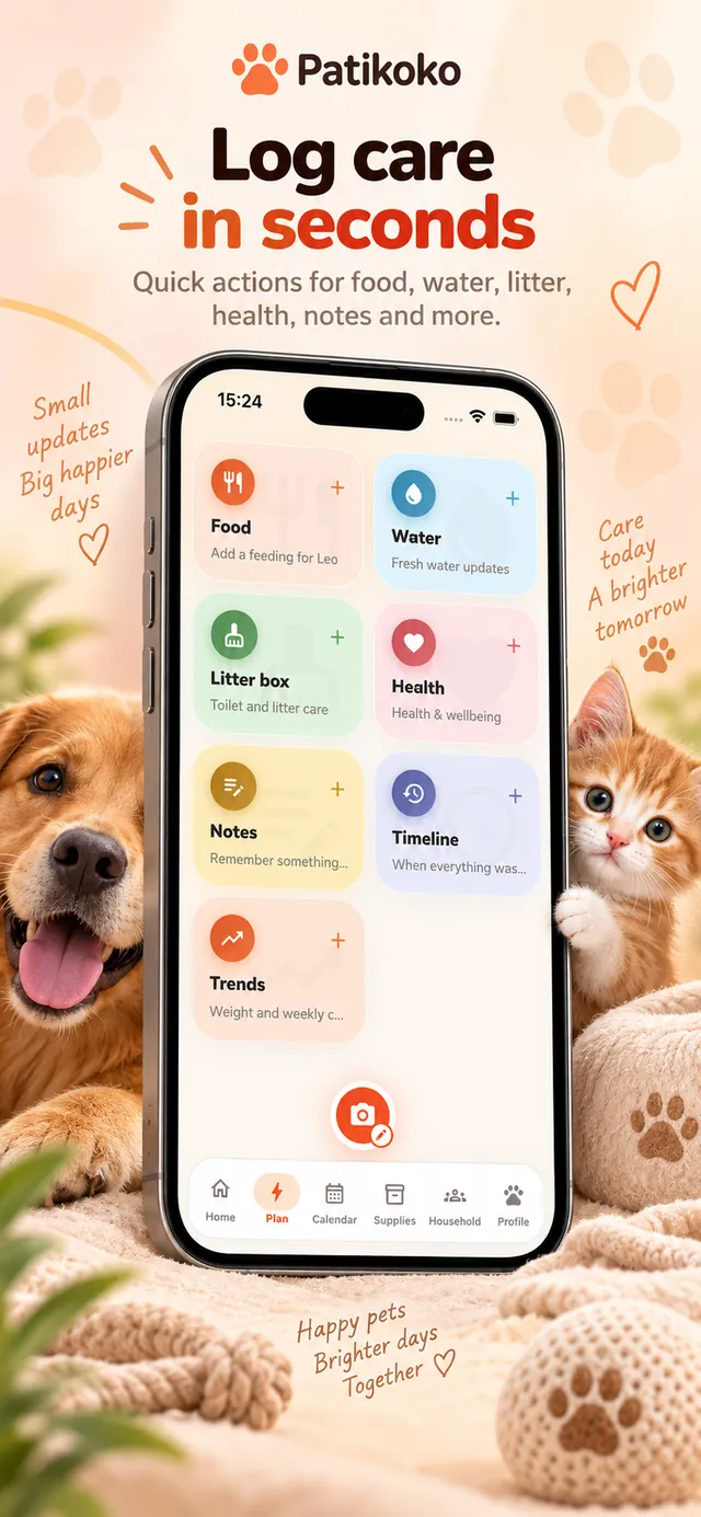 Patikoko screen – Log care in seconds: quick actions for food, water, litter, health, notes and more