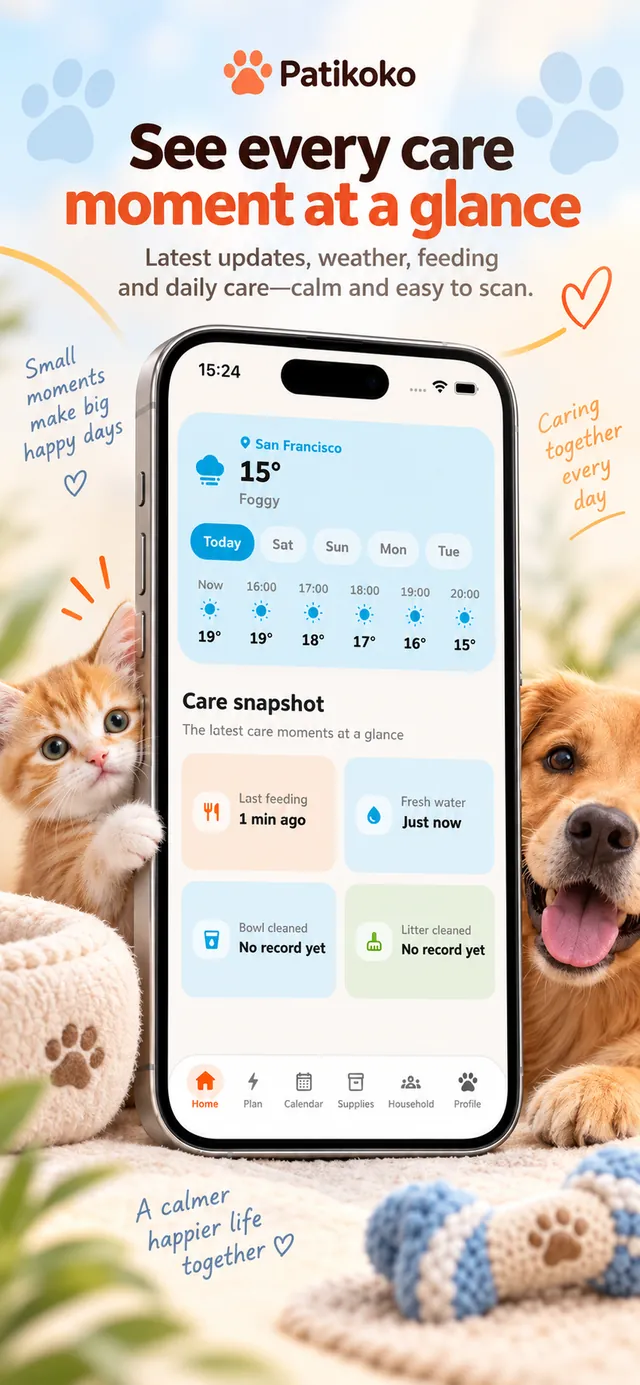 Patikoko screen – See every care moment at a glance: latest feeding, water and litter updates with the local weather